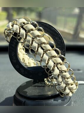 Cream Braided Suede and Gold Chain Bracelet